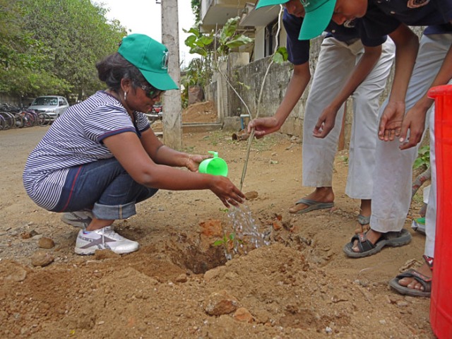 Shyamalatha Devi watering a sapling