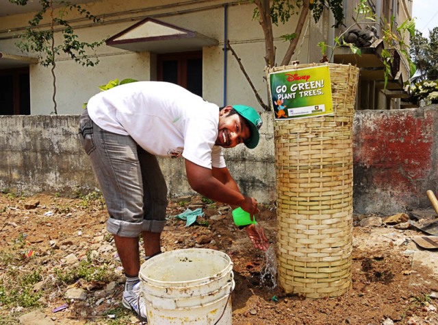 Vijay Mohan watering a sapling